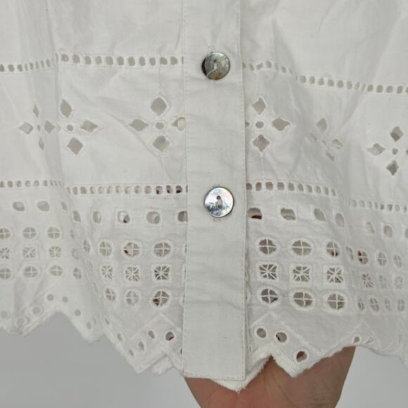 Nicole Miller Artelier White Eyelet Zigzag Edged Button Up Blouse Women's Small - Picture 9 of 9